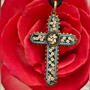 Antique Italian Mosaic Cross Pendant Necklace